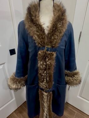 Vtg 1960s Bonnie Cashin Sills Blueberry Leather Fur Coat Fleece Lined Saks M/L